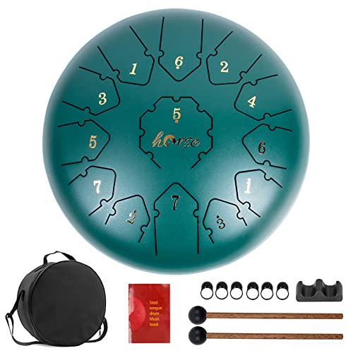 Tongue Drum Horse 12 Inch 13 Tones Steel Handpan Tongue Drum Tank Drum C Key Percussion Kit with Drum Mallets Note Sticker Finger Picks Mallet Holder and Carry Bag  