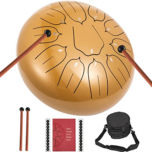 VEVOR Percussion Instrument 11 Tone Tongue Drum 10 Inches, Steel Tongue Drum, Hand Pan Drum with Drum Bats, Carry Bag, Note Sticks for Meditation, Yoga, Sound Healing (Golden)  